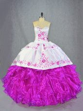 Fuchsia Organza Lace Up Quinceanera Gown Sleeveless Brush Train Beading and Embroidery and Ruffles