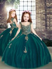 Lovely Sleeveless Lace Up Floor Length Appliques Pageant Dress for Girls