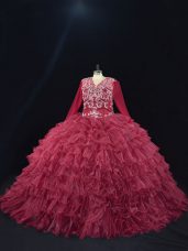Great Long Sleeves Organza Floor Length Lace Up Ball Gown Prom Dress in Burgundy with Ruffled Layers