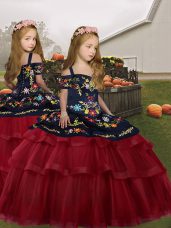 Sleeveless Lace Up Floor Length Embroidery and Ruffled Layers Little Girls Pageant Gowns