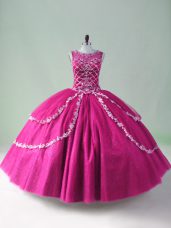 Modest Fuchsia Ball Gowns Tulle Scoop Sleeveless Beading and Appliques Floor Length Zipper 15 Quinceanera Dress