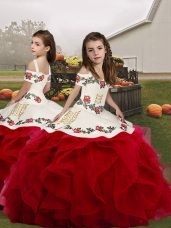 Organza Straps Sleeveless Lace Up Embroidery and Ruffles Child Pageant Dress in Red