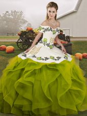 Suitable Olive Green Off The Shoulder Neckline Embroidery and Ruffles Quince Ball Gowns Sleeveless Lace Up