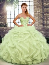 Luxury Yellow Green Sweetheart Lace Up Beading and Ruffles Quince Ball Gowns Sleeveless
