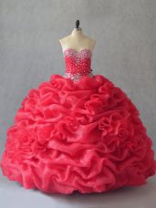 Sleeveless Floor Length Beading and Pick Ups Lace Up Quinceanera Dress with Coral Red