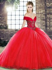 Red Off The Shoulder Lace Up Beading Quinceanera Gown Brush Train Sleeveless
