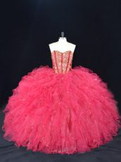 Top Selling Sweetheart Sleeveless Lace Up Ball Gown Prom Dress Coral Red Tulle