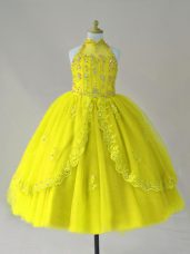 Beading and Appliques Teens Party Dress Yellow Lace Up Sleeveless Floor Length