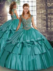 Teal Lace Up Straps Beading and Ruffled Layers 15 Quinceanera Dress Taffeta Sleeveless