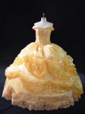 Nice Organza Off The Shoulder Sleeveless Lace Up Beading and Pick Ups Ball Gown Prom Dress in Gold