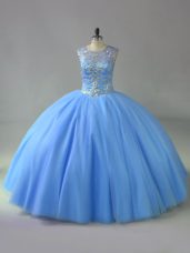 Dazzling Blue Scoop Lace Up Beading Sweet 16 Dresses Sleeveless