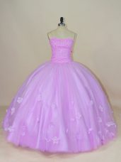 Sleeveless Floor Length Hand Made Flower Lace Up Vestidos de Quinceanera with Lilac