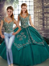 Dramatic Floor Length Teal Quince Ball Gowns Straps Sleeveless Lace Up