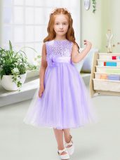 Custom Design Scoop Sleeveless Flower Girl Dresses for Less Tea Length Sequins and Hand Made Flower Lavender Organza