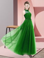 Dramatic Halter Top Sleeveless Bridesmaid Dresses Floor Length Beading and Appliques Green Tulle