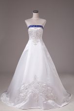 Excellent Beading and Embroidery Wedding Gowns White Lace Up Sleeveless Brush Train