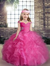 Hot Pink Sleeveless Floor Length Beading and Ruffles Lace Up Womens Party Dresses