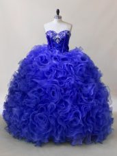 Sleeveless Fabric With Rolling Flowers Floor Length Lace Up 15 Quinceanera Dress in Royal Blue with Ruffles and Sequins