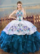 Blue And White Lace Up 15th Birthday Dress Embroidery Sleeveless Floor Length