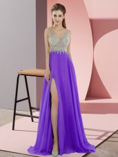 Lavender V-neck Neckline Beading Prom Dress Sleeveless Zipper