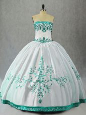 Modest White Sleeveless Floor Length Embroidery Lace Up Quince Ball Gowns