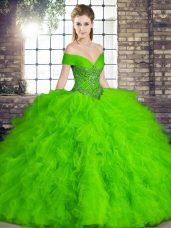 Green Ball Gowns Off The Shoulder Sleeveless Tulle Floor Length Lace Up Beading and Ruffles Quinceanera Dresses