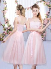 Baby Pink Sleeveless Lace and Belt Tea Length Court Dresses for Sweet 16