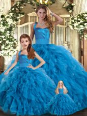 Blue Tulle Lace Up Quinceanera Dresses Sleeveless Floor Length Ruffles