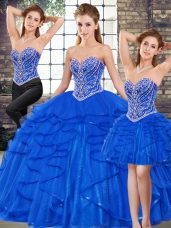 Floor Length Three Pieces Sleeveless Royal Blue 15 Quinceanera Dress Lace Up