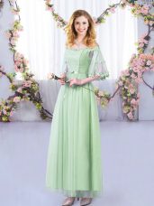 Exceptional Apple Green Empire Lace and Belt Bridesmaid Gown Side Zipper Tulle Half Sleeves Floor Length