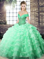 Modest Apple Green Lace Up Quinceanera Dress Beading and Ruffled Layers Sleeveless Brush Train