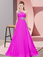 Fuchsia Sleeveless Beading and Ruching Floor Length Prom Dresses