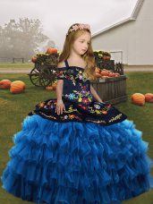 Simple Sleeveless Organza Floor Length Lace Up Pageant Gowns For Girls in Blue with Embroidery and Ruffled Layers