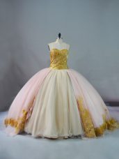 Fabulous Pink and Champagne Ball Gowns Sweetheart Sleeveless Beading and Lace and Appliques Lace Up 15 Quinceanera Dress Brush Train