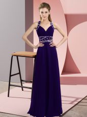 Purple Chiffon Backless Straps Sleeveless Floor Length Prom Dresses Beading