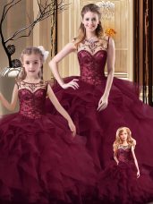 Nice Burgundy Scoop Neckline Beading and Ruffles Quinceanera Gowns Sleeveless Lace Up