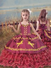 Wine Red Sleeveless Beading and Embroidery and Ruffled Layers Floor Length Little Girl Pageant Dress