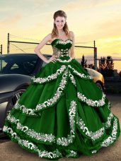Sleeveless Satin Floor Length Lace Up Quinceanera Dresses in Dark Green with Appliques and Ruffled Layers