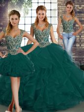 Trendy Peacock Green Straps Neckline Beading and Ruffles Quinceanera Gown Sleeveless Lace Up