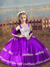 Hot Sale Sleeveless Floor Length Beading and Embroidery Lace Up Kids Formal Wear with Purple