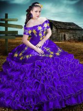 Fine Purple Off The Shoulder Neckline Embroidery and Ruffles Quinceanera Gowns Sleeveless Lace Up