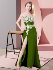 Dramatic Floor Length Olive Green Prom Dresses Chiffon Sleeveless Lace and Appliques