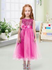 Attractive Rose Pink Empire Scoop Sleeveless Organza Tea Length Zipper Sequins and Hand Made Flower Flower Girl Dresses