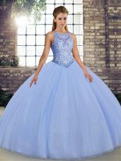Sleeveless Tulle Floor Length Lace Up Quinceanera Dress in Lavender with Embroidery