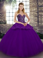 Nice Sweetheart Sleeveless Sweet 16 Dresses Floor Length Beading and Appliques Purple Tulle