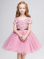 Short Sleeves Lace and Belt Lace Up Toddler Flower Girl Dress