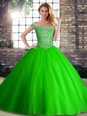 Green Quinceanera Gowns Tulle Brush Train Sleeveless Beading