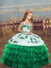 Fantastic Turquoise Straps Neckline Embroidery and Ruffled Layers Little Girls Pageant Dress Sleeveless Lace Up