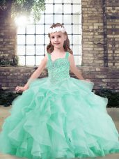 Floor Length Lace Up Little Girls Pageant Dress Wholesale Apple Green for Party and Military Ball and Wedding Party with Beading and Ruffles