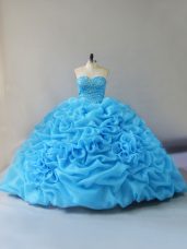 Customized Sweetheart Sleeveless Quinceanera Dress Court Train Beading and Pick Ups and Hand Made Flower Baby Blue Organza